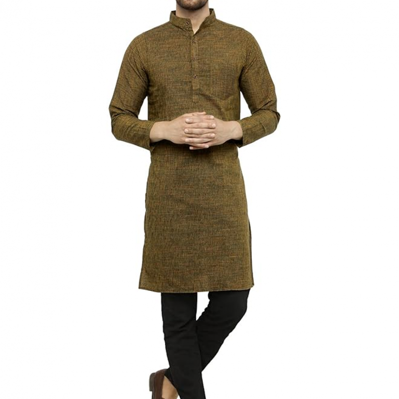 Mens' Solid Cotton Long Kurta_Mehandi