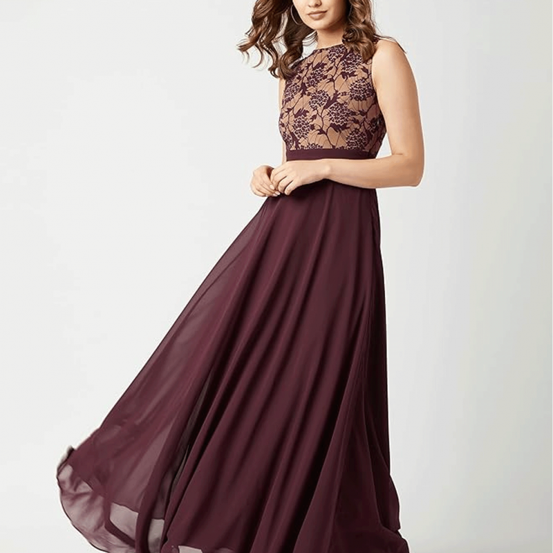 Women's Brick Red & Dusty Green Boat Neck Sleeveless Self Design Lace Overlaid Regular Dress