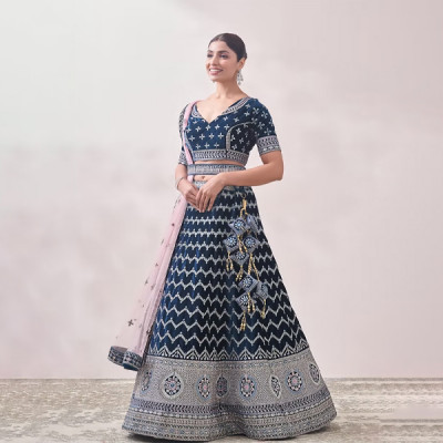 Teal Blue Embroidered Bridal Lehenga