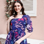 Women's Georgette Floral Printed Indo-Western Ethnic Gown || Half Sleeve V Neck Fit & Flare Flared Hem Design || A-Line Maxi Dress Casual Wear