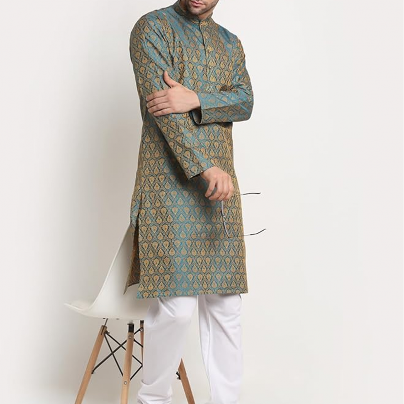 Men Silk Blend Jacquard Paisley Kurta & Churidar Set